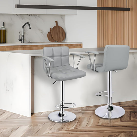 Bar Stools Set of 2,Armrest Adjustable Swivel Barstools with Back,Double Needle PU Leather Counter Height Bar Stools for Kitchen Island, Light Grey-1