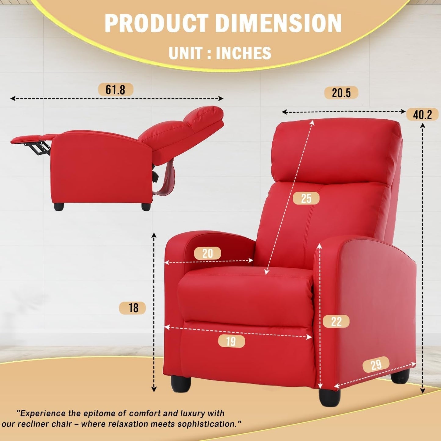 Recliner Chair Single Reclining Sofa Home Theater Seating with Lumbar Support and Padded Backrest for Living Room and Bedroom (Leather, Red)-1
