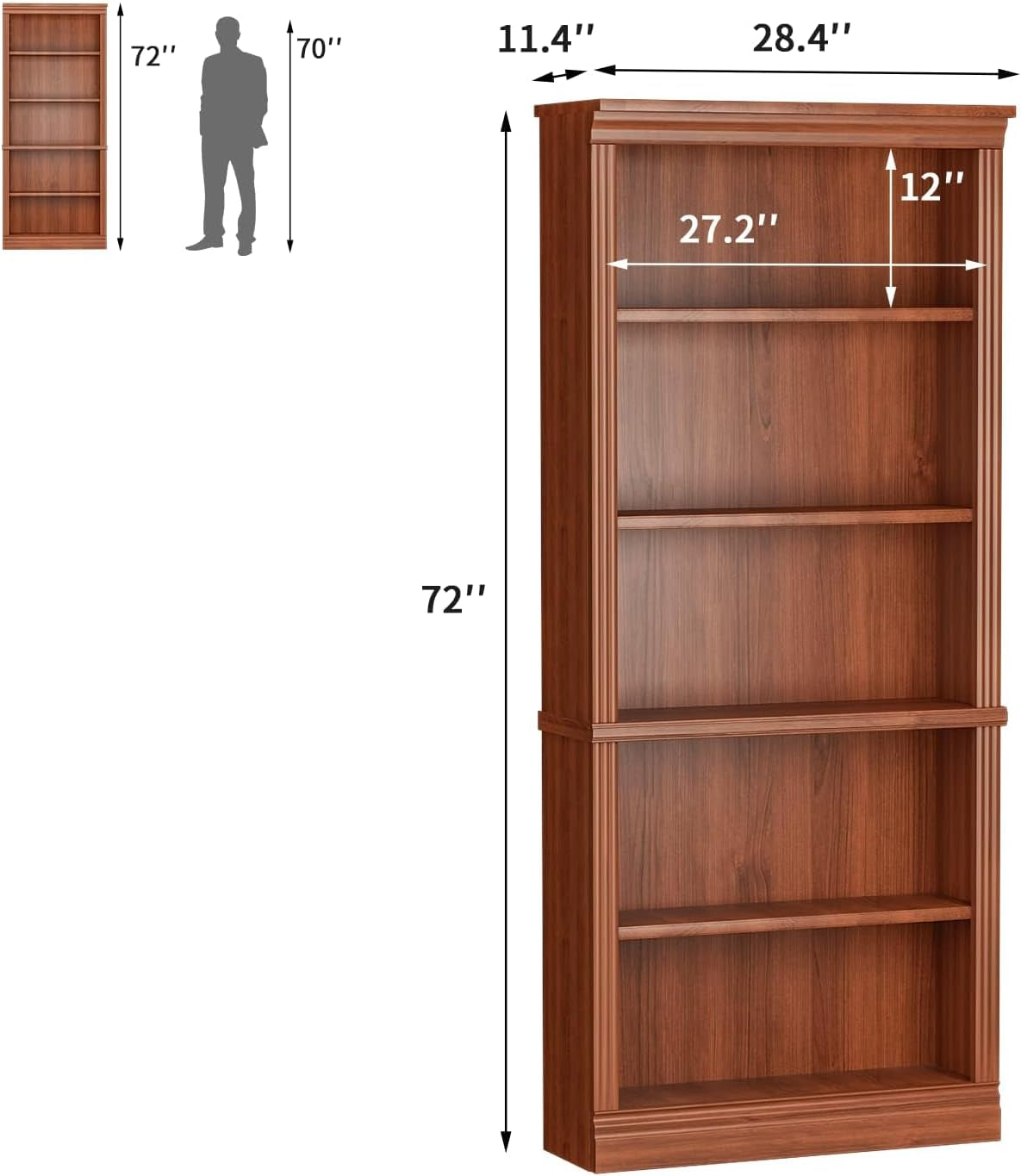 Bookcase Bookshelves, 5-Shelf Tall Bookcase 72" Wood Open Display Floor Bookshelf, Large Storage Organizer for Library, Bedroom, Living Room (Cherry)-1