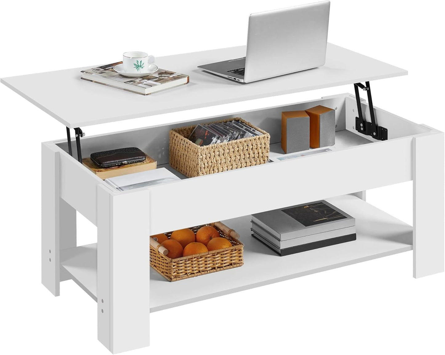 Lift Top Coffee Table with Hidden Compartment and Storage Shelf, Rising Tabletop Dining Table for Living Room Reception Room, 47.5In L, White-0