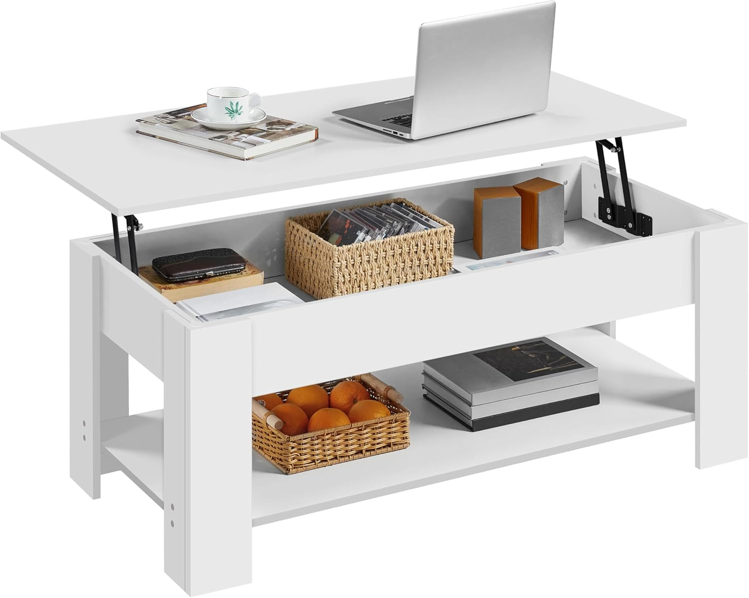 Lift Top Coffee Table with Hidden Compartment and Storage Shelf, Rising Tabletop Dining Table for Living Room Reception Room, 47.5In L, White-0