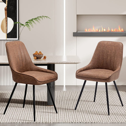 Set of 2 Brown Faux Leather Mid Century Modern Dining Accent Chairs, Metal Legs-1