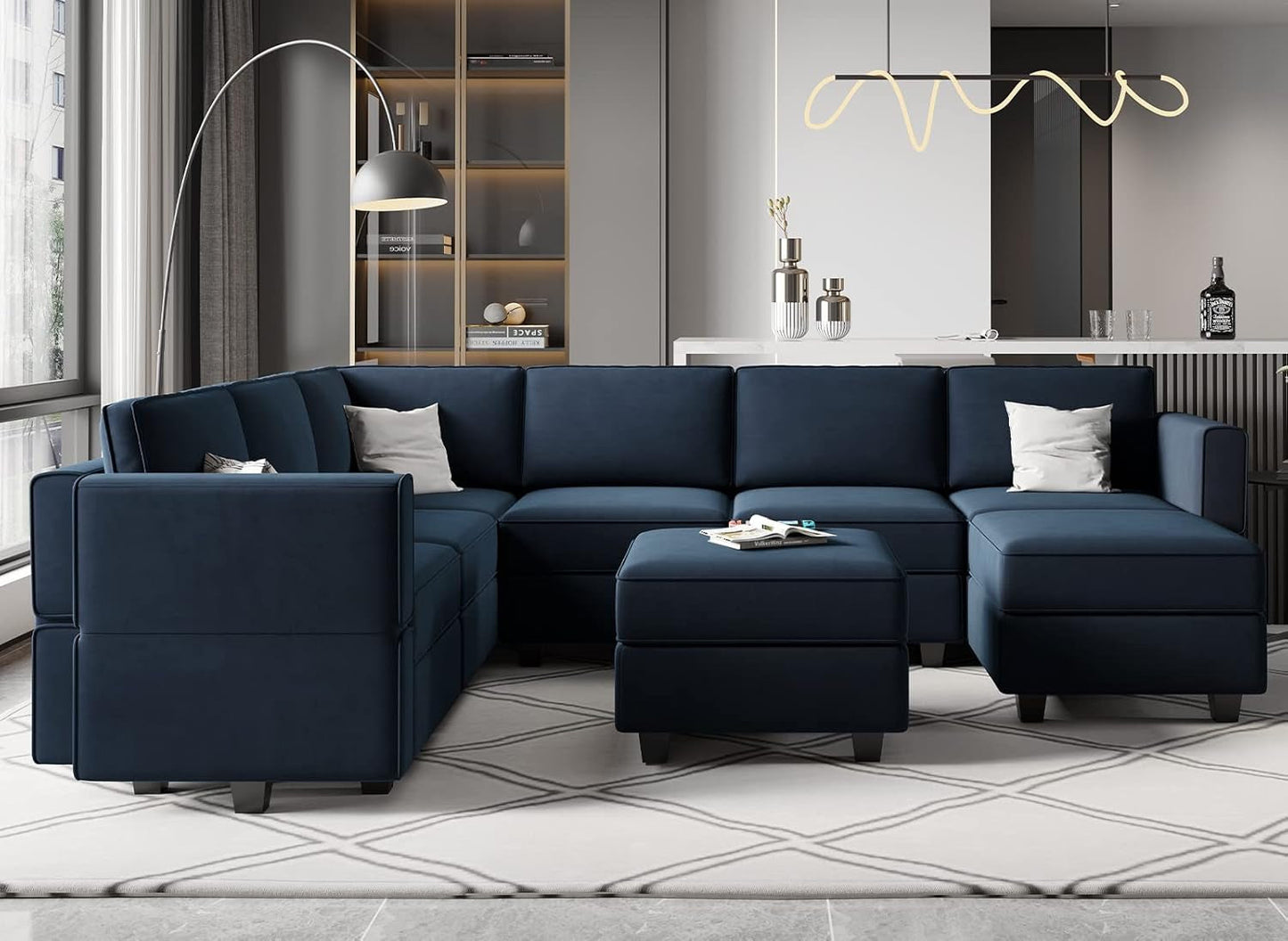 Modular Velvet Sectional Sofa with Storage Seat Oversized U Shaped Couch with Reversible Chaise Sofa Set with Ottoman Blue-2