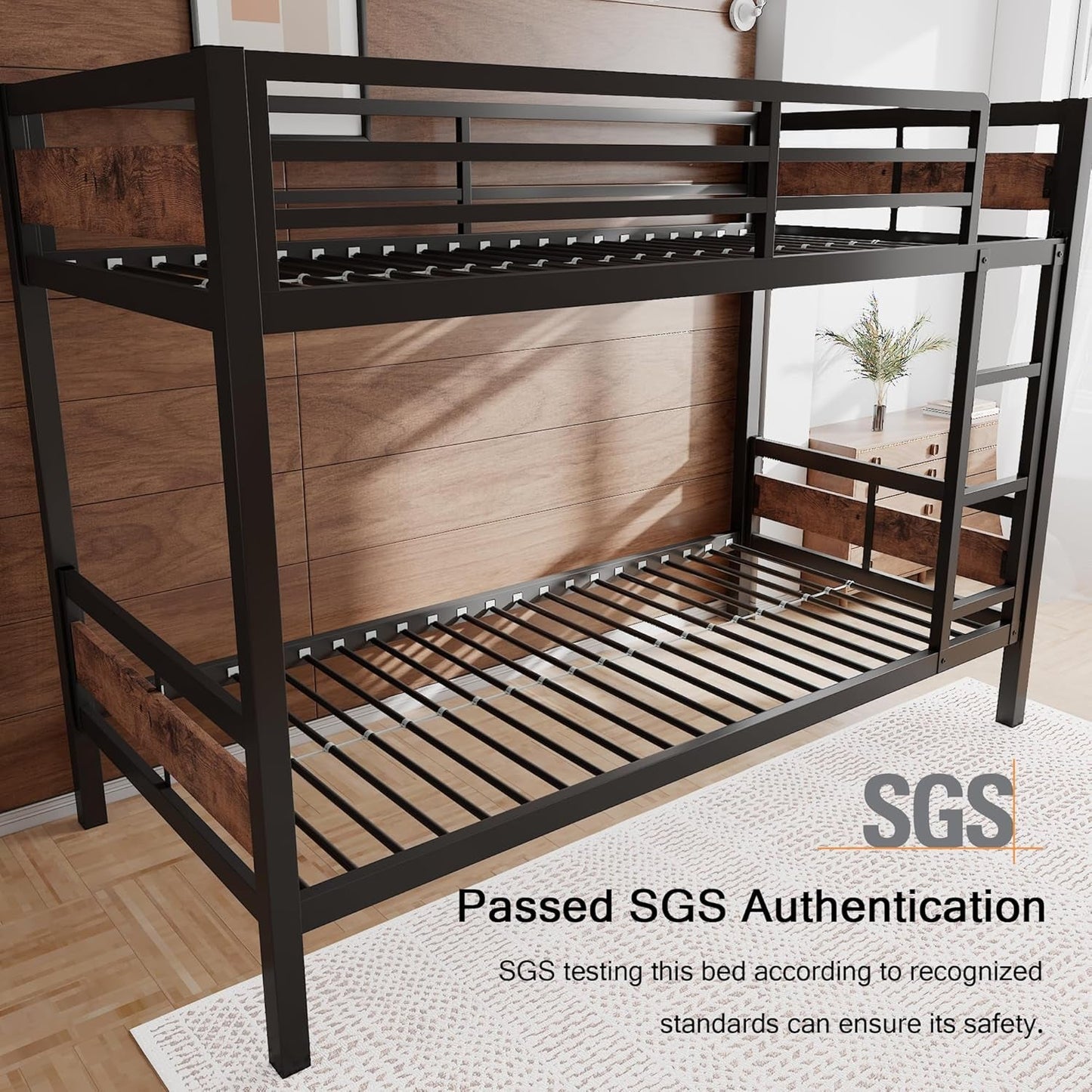 Bunk Bed Twin over Twin, Heavy Duty Metal Bed with Ladder and Full-Length Guardrail, Under-Bed Storage Space, No Box Spring Needed, Noise Free, Rustic Brown-3