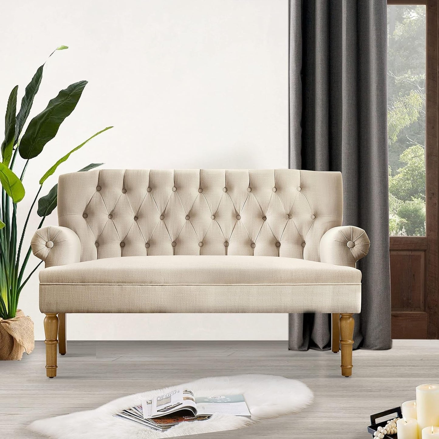 Beige Linen Loveseat Sofa for Living Room-0