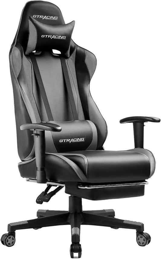 Gaming Chair with Footrest, Ergonomic Computer Game Desk Chair, Reclining Gaming Chair Seat Height Adjustment, Swivel Rocker with Headrest and Lumbar (Gray)-0