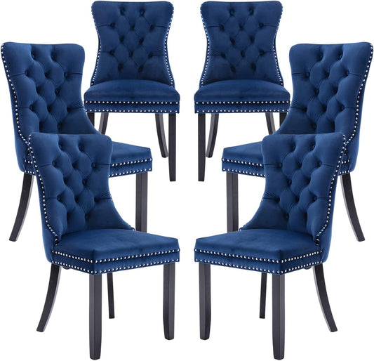 Blue Velvet Upholstered Dining Chairs Set of 6-0