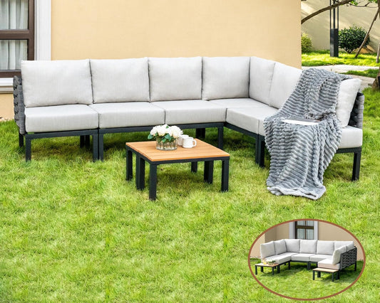 8 Pieces Patio Furniture Set Convertible Outdoor Furniture Set W/ 6" Ultra Thick Cushions and 2 Coffee Tables, All-Weather Sectional Sofa Couch, Beige-0