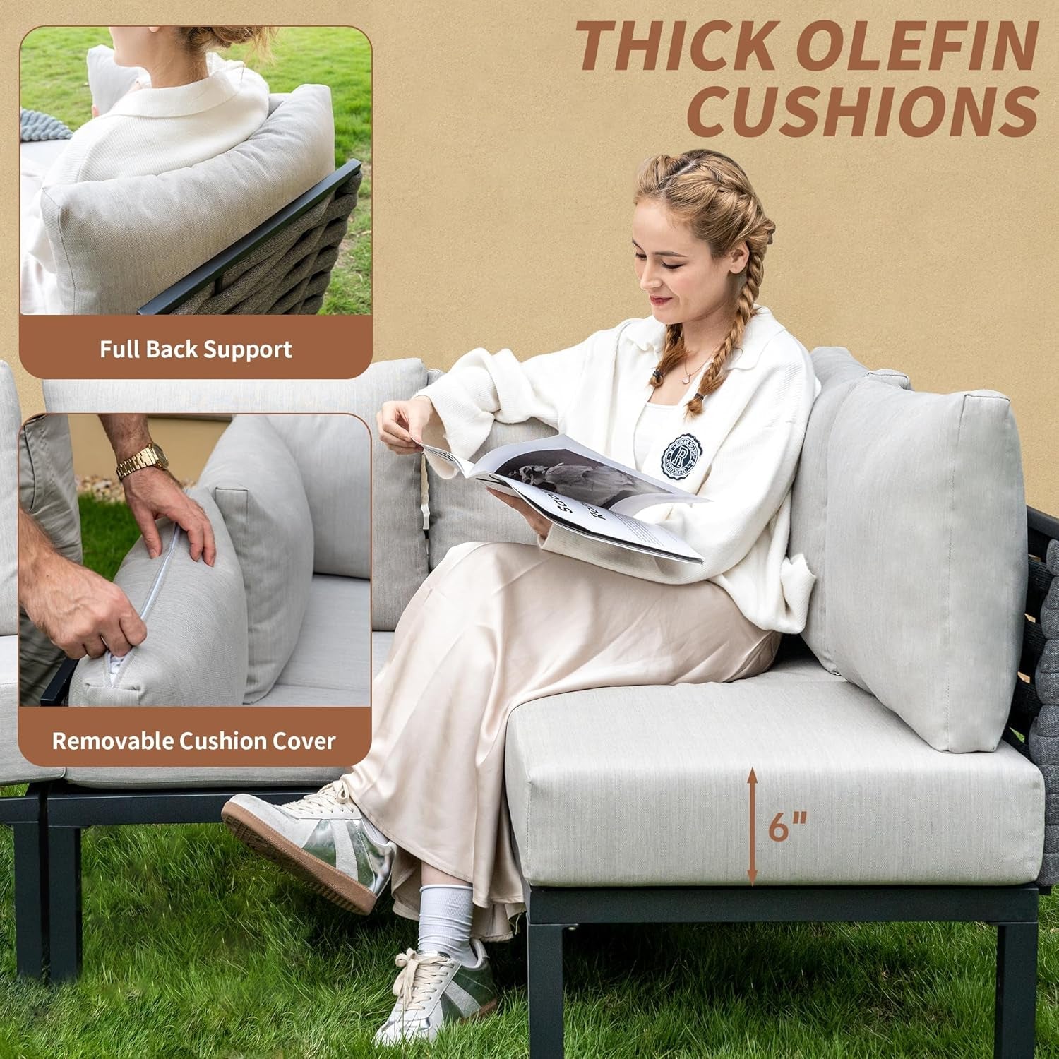 8 Pieces Patio Furniture Set Convertible Outdoor Furniture Set W/ 6" Ultra Thick Cushions and 2 Coffee Tables, All-Weather Sectional Sofa Couch, Beige-3