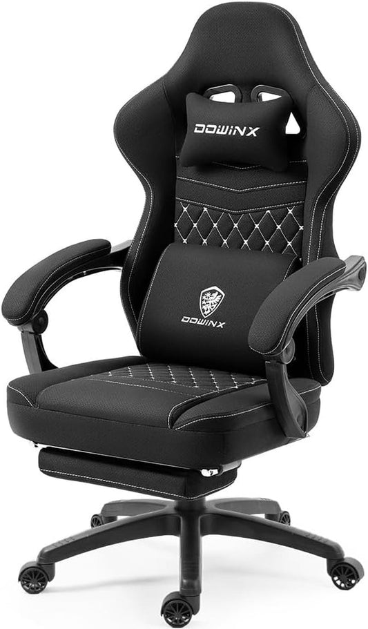 Gaming Chair Breathable Fabric Computer Chair with Pocket Spring Cushion, Comfortable Office Chair with Gel Pad and Storage Bag,Massage Game Chair with Footrest,Black-0