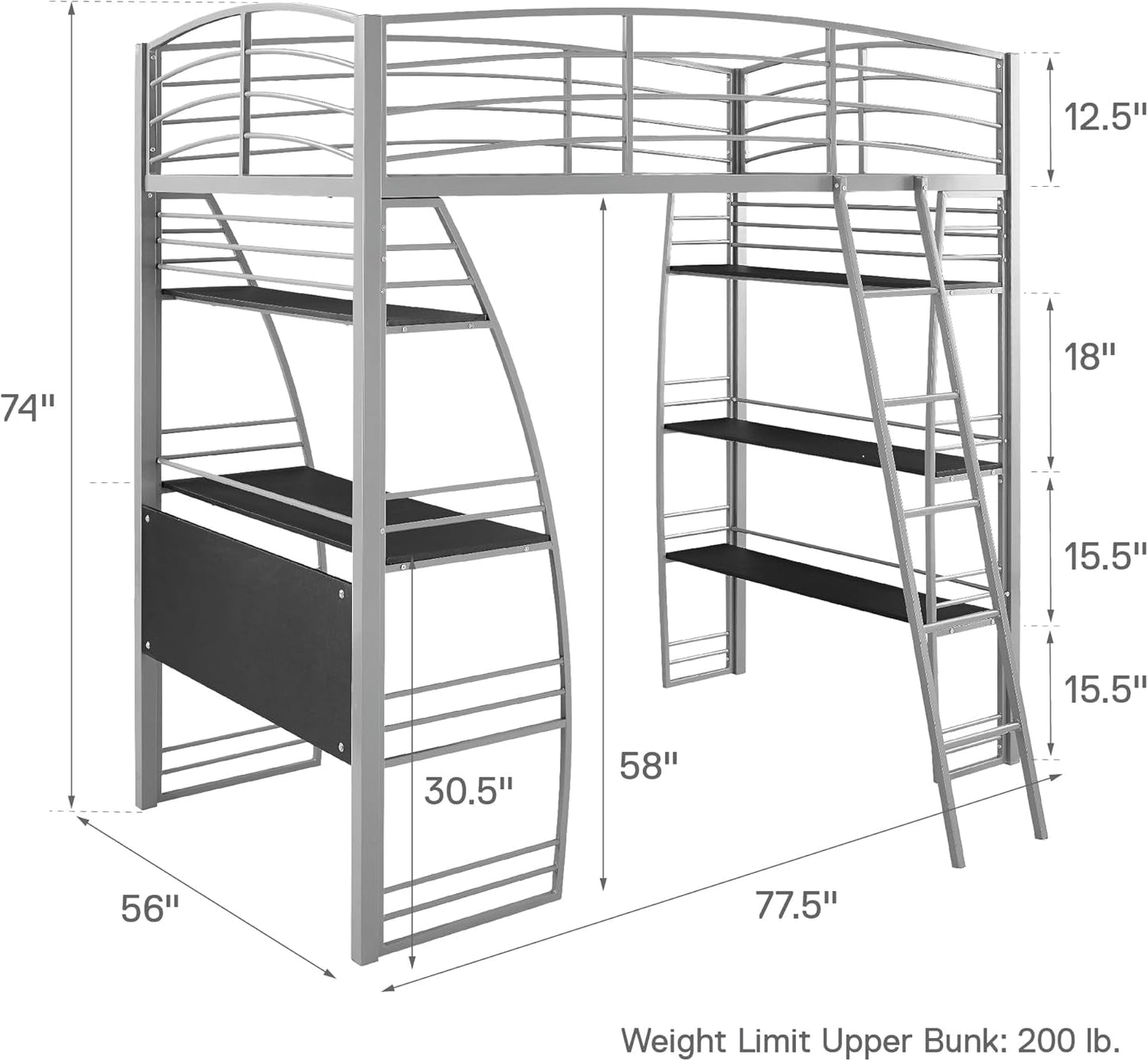 Studio Loft Bunk Bed over Desk and Bookcase with Metal Frame, Twin, Gray Gray-2