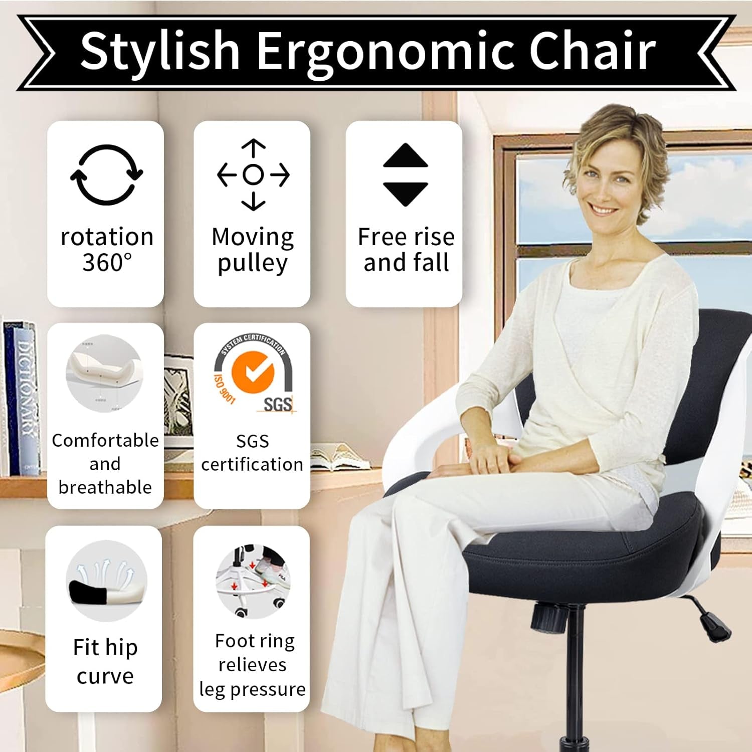 Ergonomic Drafting Chair,Standing Computer Desk Chair,Foot Ring,Lumbar Support,Swivel Task Chair -Black-3