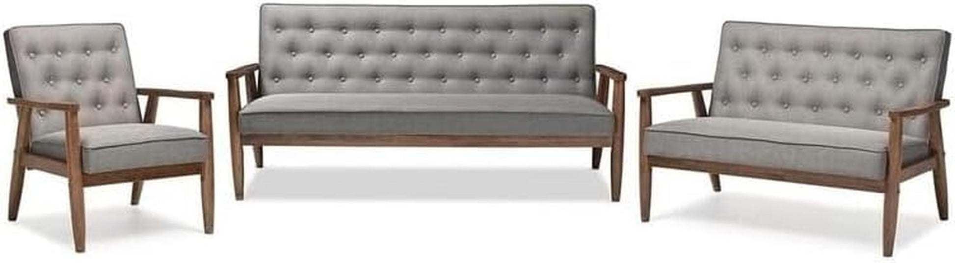 Nordic Haven Mid-Century Retro Modern Grey Fabric Upholstered Wooden 3 Piece Living Room Set, Includes - Sofa, Loveseat and Chair-0