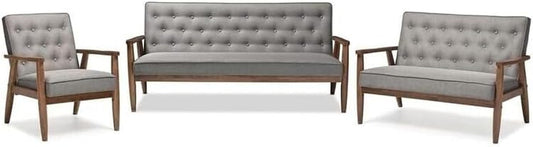 Nordic Haven Mid-Century Retro Modern Grey Fabric Upholstered Wooden 3 Piece Living Room Set, Includes - Sofa, Loveseat and Chair-0