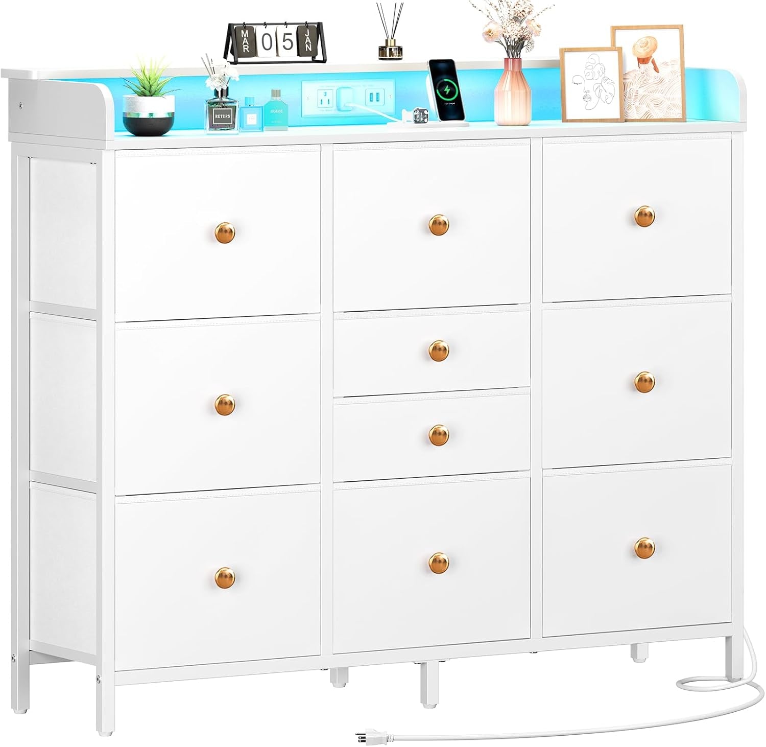 Dresser for Bedroom with Charging Station and LED Lights, Tall Dresser TV Stand with 10 Storage Drawers,Fabric White Dressers & Chests of Drawers,Wood Dresser for Kids Bedroom Closet Organizer-0