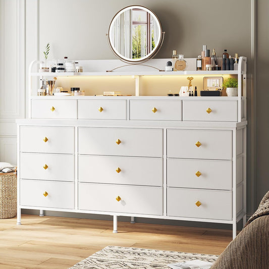 51.2" W White Dresser with 13 Drawers and LED Lights, White Dresser for Bedroom with Fabric Drawer, Long Dressers & Chests of Drawers, Dresser for Bedroom with Shelves for Closet-0