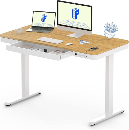 Comhar Electric Standing Desk with Drawer Desktop & Adjustable Frame W/Usb Charge Ports (Bamboo Texture/White, Wood)-0