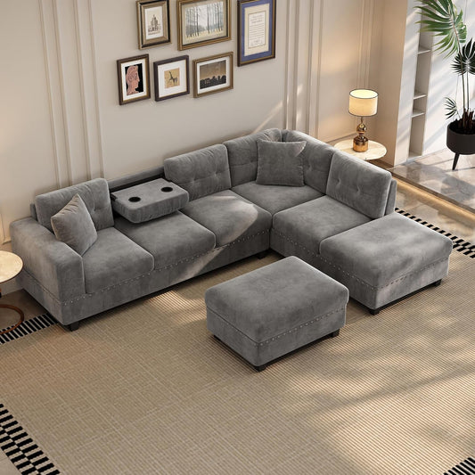 Sectional Sofa Couch with Reversible Chaise and Ottoman, Polyester L-Shape Couch with 2 Pillows and Cup Holder, Sectional Sofas for Living Room (Gray)-0