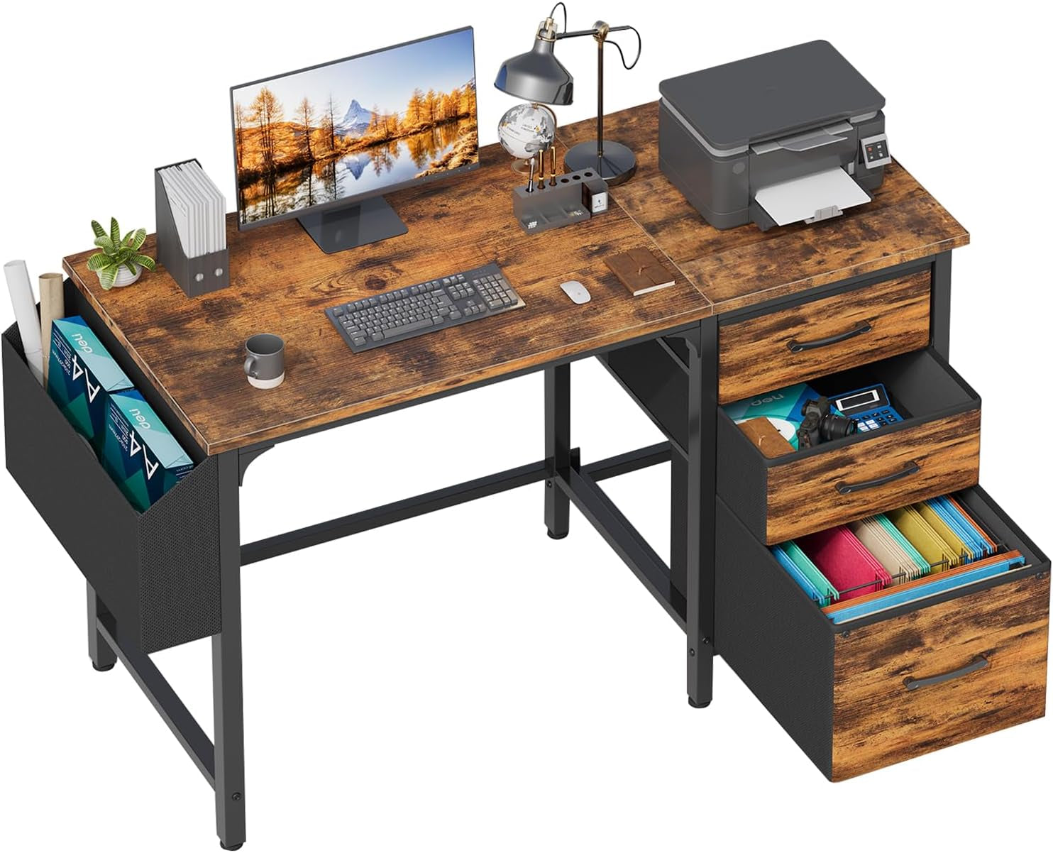 Computer Desk with Fabric File Drawers Cabinet, 47 Inch Home Office Desks with Filing Cabinet for Small Space, Study Writing Table PC Desks, Rustic Brown-0
