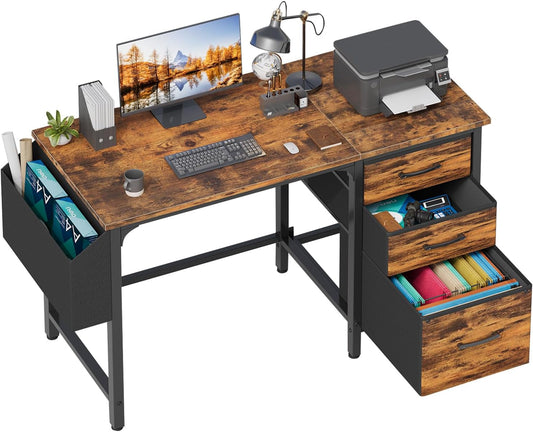 Computer Desk with Fabric File Drawers Cabinet, 47 Inch Home Office Desks with Filing Cabinet for Small Space, Study Writing Table PC Desks, Rustic Brown-0