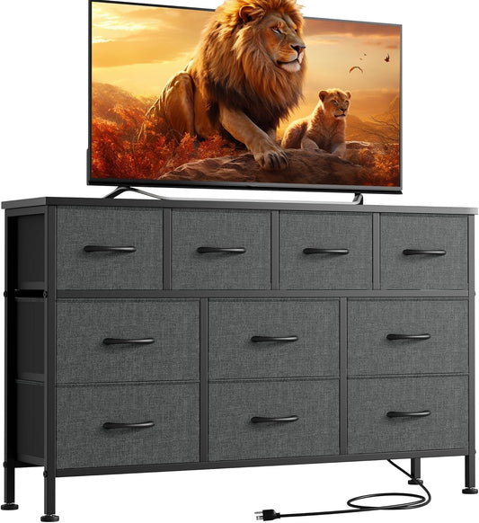 Dresser for Bedroom 10 Drawer Bedroom TV Stand with Power Outlet, Entertainment Center Chest of Drawers, Long Fabric Dresser for Living Room save Space Grey-0