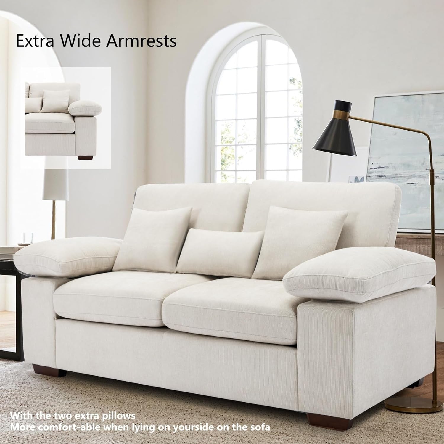 Loveseat Sofa,73" Love Seat Couches Living Room Sofa with 3 Pillows,Upholstered Modern Comfy Chenille Seat Cushions Bedroom Couch,Beige-2