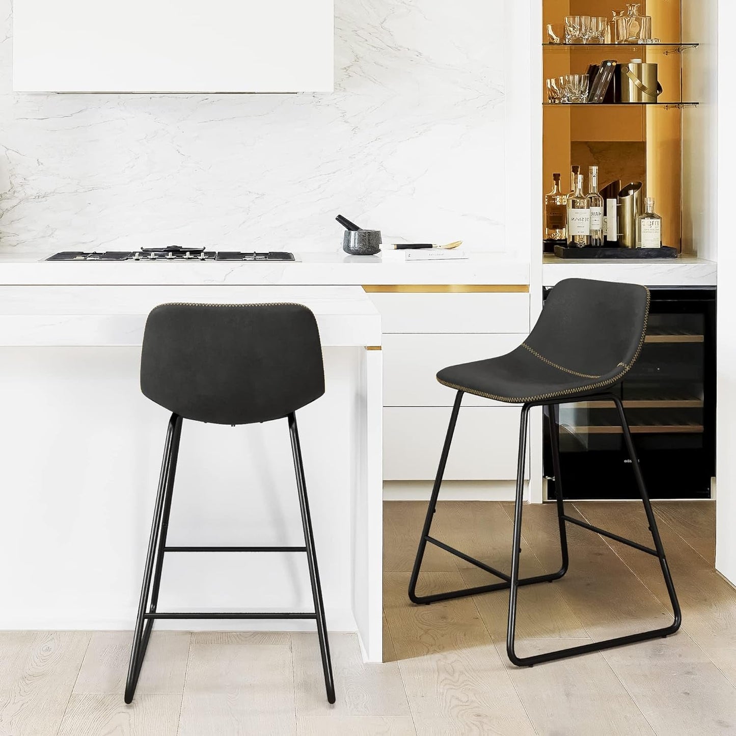 Bar Stools Set of 3, 24" ALX Faux Leather Barstools, Modern Counter Height Stools with Back and Metal Legs, Armless Counter Chairs for Kitchen Island, Black-3