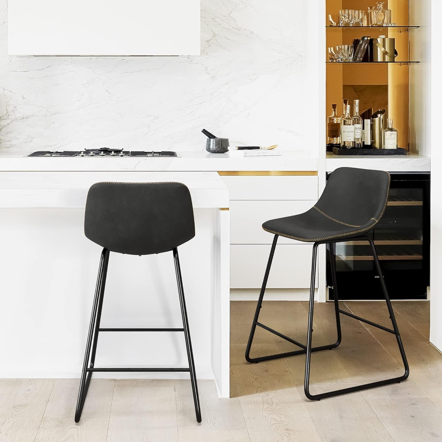 Bar Stools Set of 3, 24" ALX Faux Leather Barstools, Modern Counter Height Stools with Back and Metal Legs, Armless Counter Chairs for Kitchen Island, Black-3