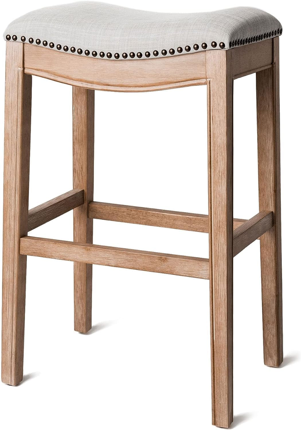 Adrien 31 Inch Bar Height Upholstered Backless Saddle Barstool in Weathered Oak Finish with Sand Color Fabric Cushion Seat, Set of 4-4