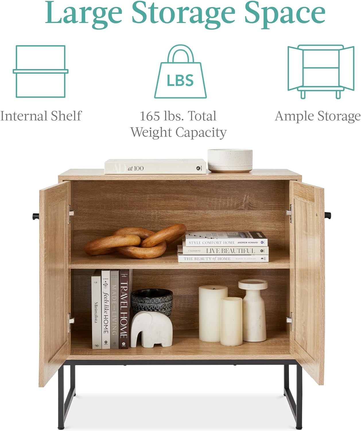 2-Door Rattan Storage Cabinet, Accent Furniture, Multifunctional Cupboard for Living Room, Hallway, Kitchen, Sideboard, Buffet Table W/Non-Scratch Foot Pads - Natural-3