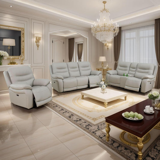 Genuine Leather Recliner Couch Set, Power Reclining Sofa Set 3 Pieces Top Grain Leather Sofa with Built in USB Port for Living Room(Light Grey) (Sofa+Loveseat+Chair)-0