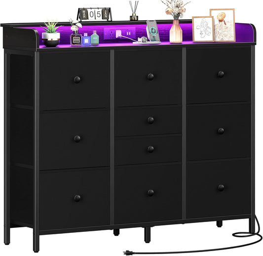 Dresser for Bedroom with Charging Station and LED Lights, Tall Dresser TV Stand with 10 Storage Drawers,Fabric Black Dressers & Chests of Drawers,Wood Dresser for Bedroom Closet Organizer-0