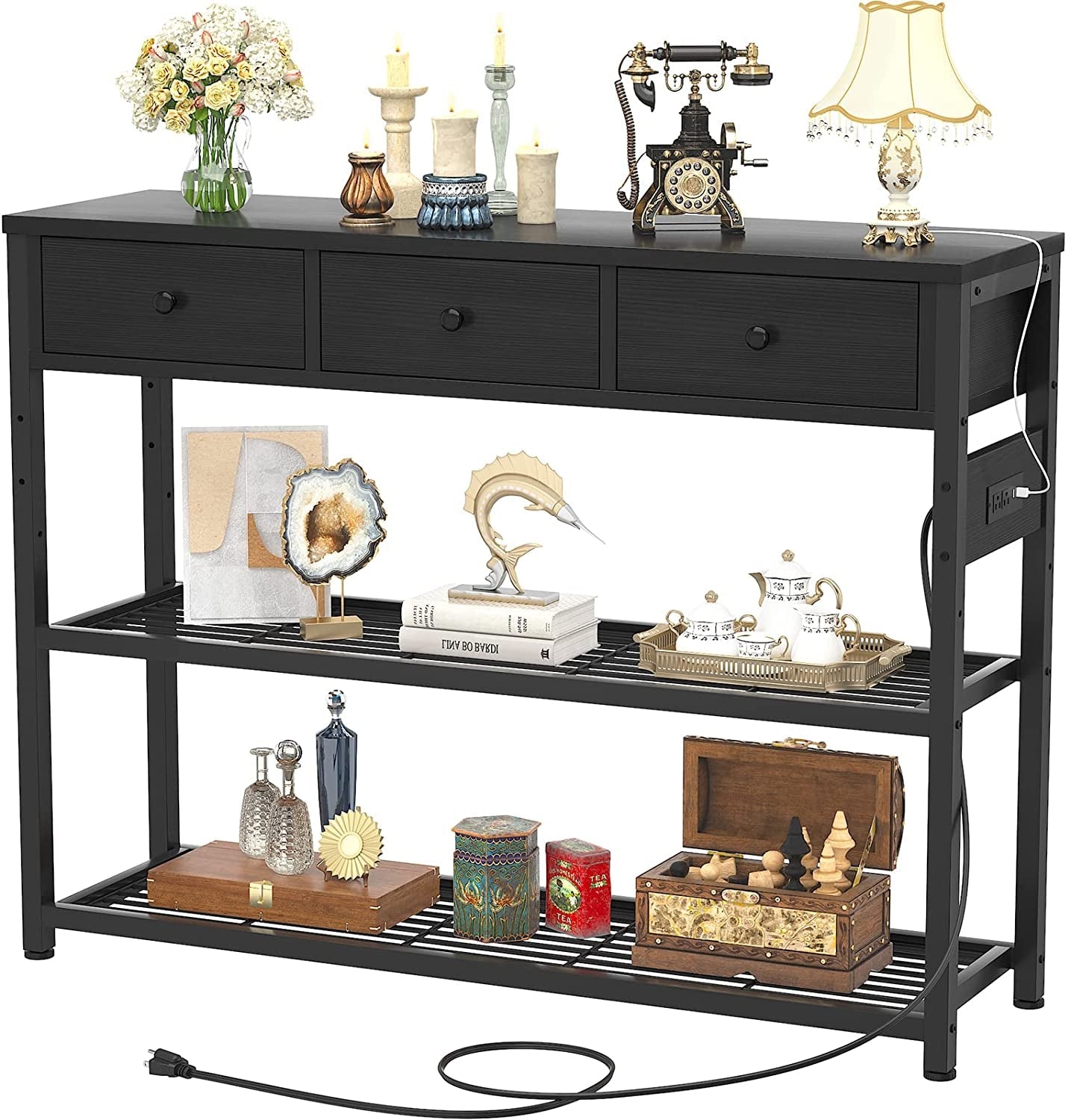 Black Console Table with Outlets and USB Ports-1