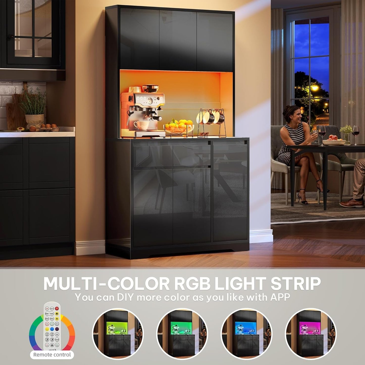 71'' Tall Kitchen Pantry Hutch Storage Cabinet with Microwave Stand, Drawer, Doors and Shelves, Outlet & Led Light, Modern Buffet Cabinet for Dining Room, Living Room, Black-3