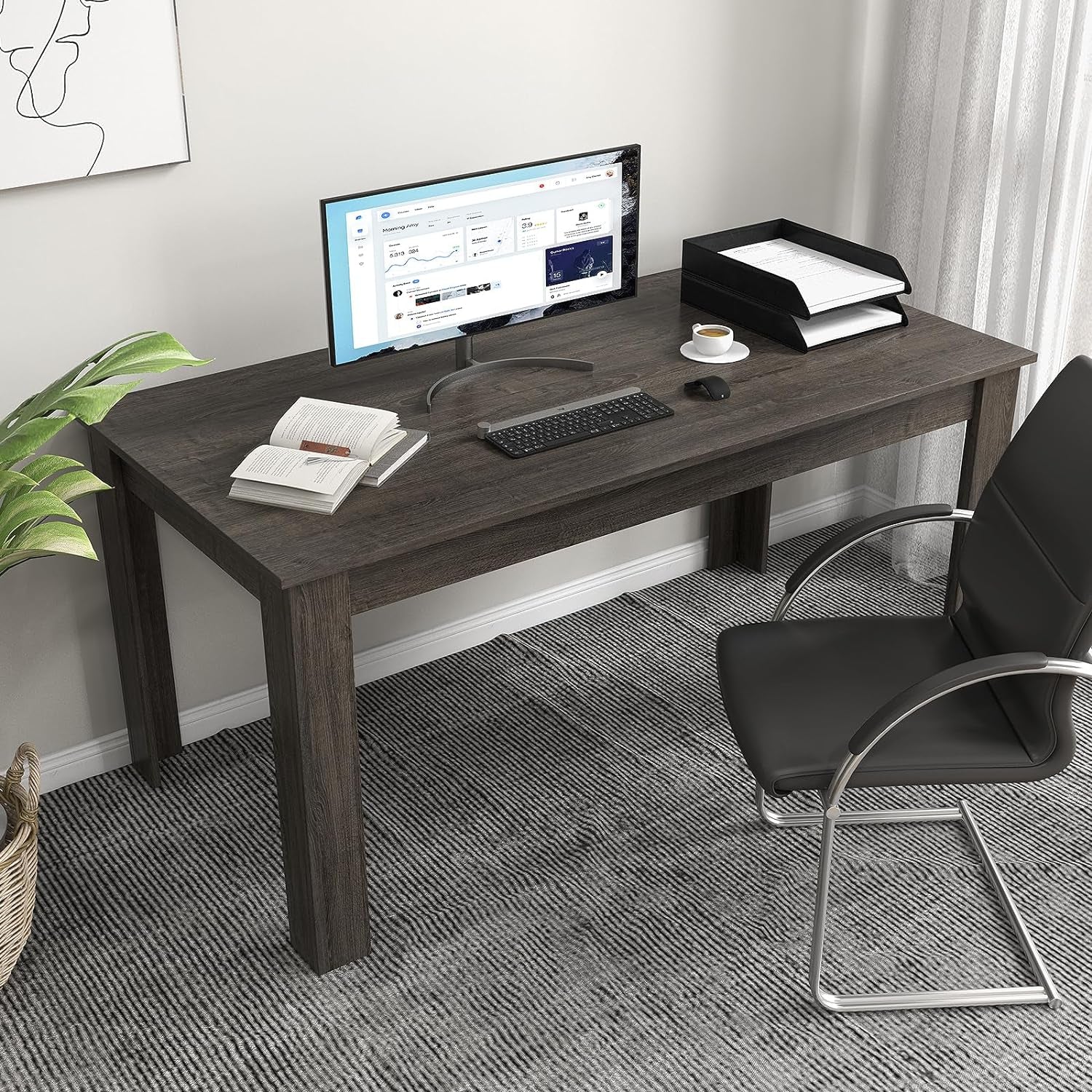 Wood Dining Table for 4-6 People, 63" Wood Rectangle Dinner Table, Modern Kitchen Table with L-Shaped Legs, 330Lbs Weight Capacity, Farmhouse Dinette Table for Dining Room, Living Room, Grey-4