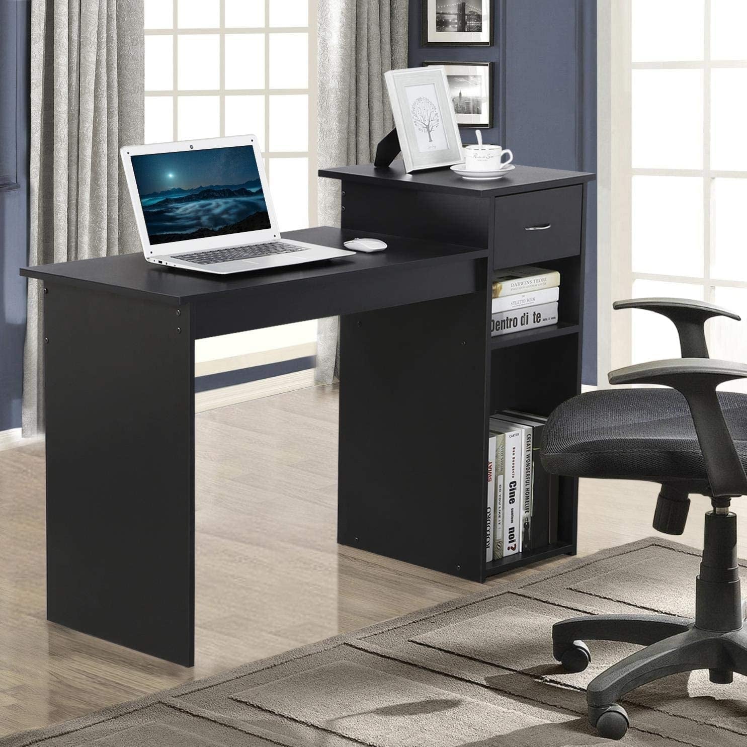 Black Wooden Computer Desk with Storage and Stand-3