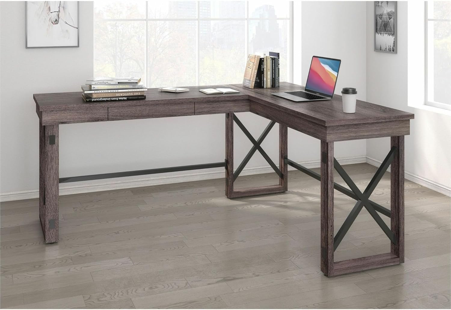 LYS L-Shaped Industrial Desk - Gray Oak Top - 29.50" Height X 67" Width X 52.13" Depth-1