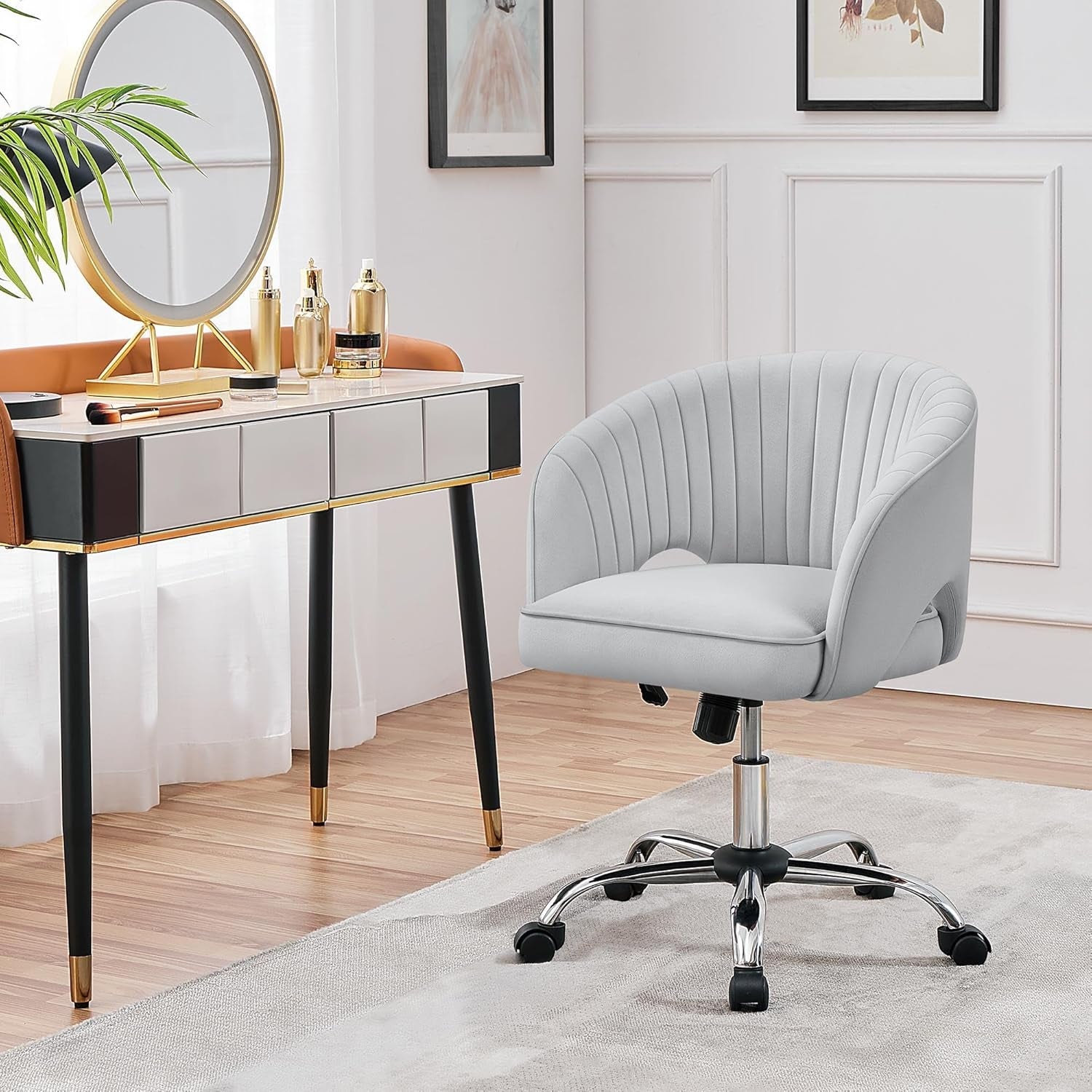 Home Office Chair, Velvet Desk Chair, Upholstered Modern Swivel Chair with Tufted Barrel Back, Rolling Wheels for Office,Study, Vanity,Bedroom Light Gray-4