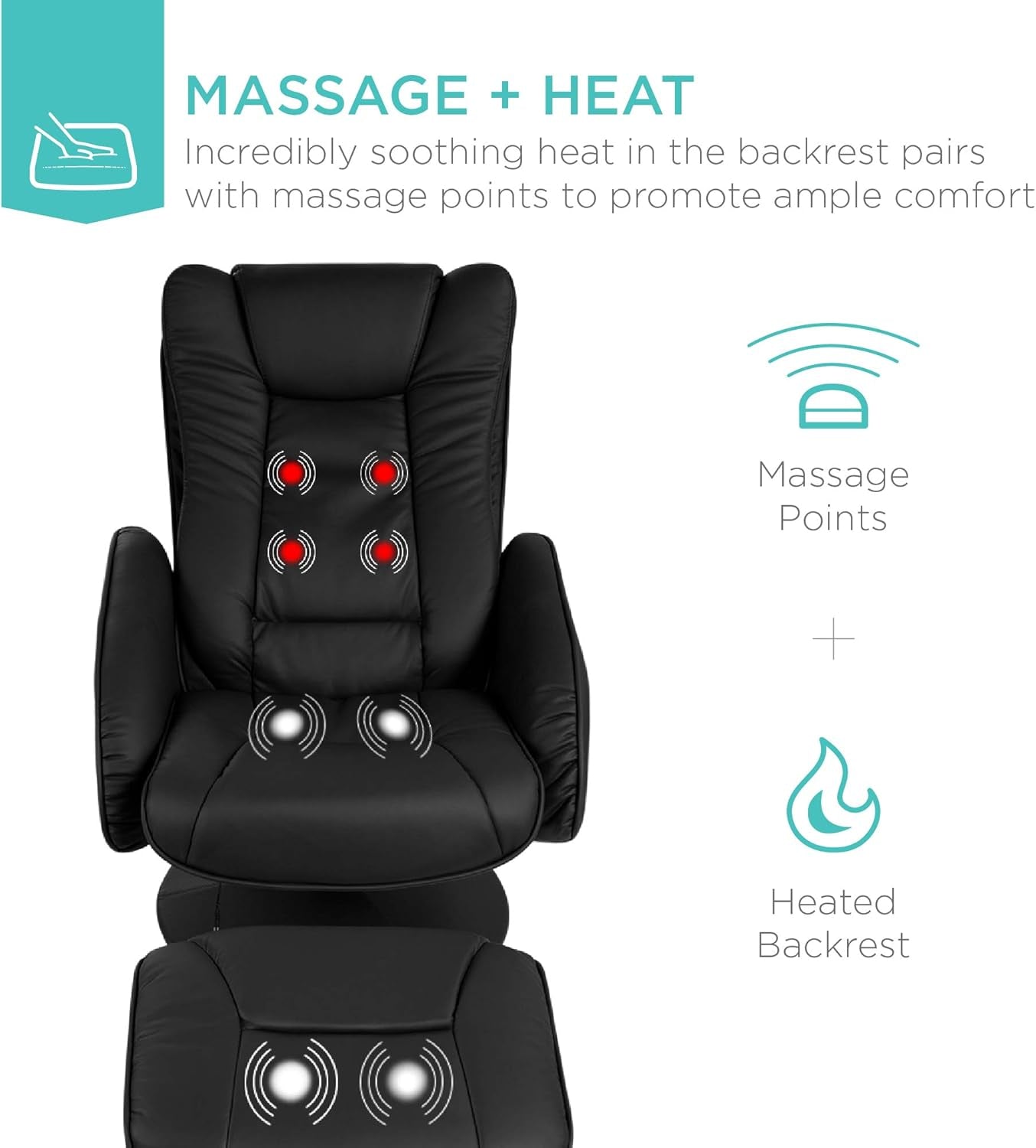 Faux Leather Electric Massage Recliner W/Stool Footrest Ottoman, Remote Control, 5 Heat & Massage Modes, Side Pockets - Black-3