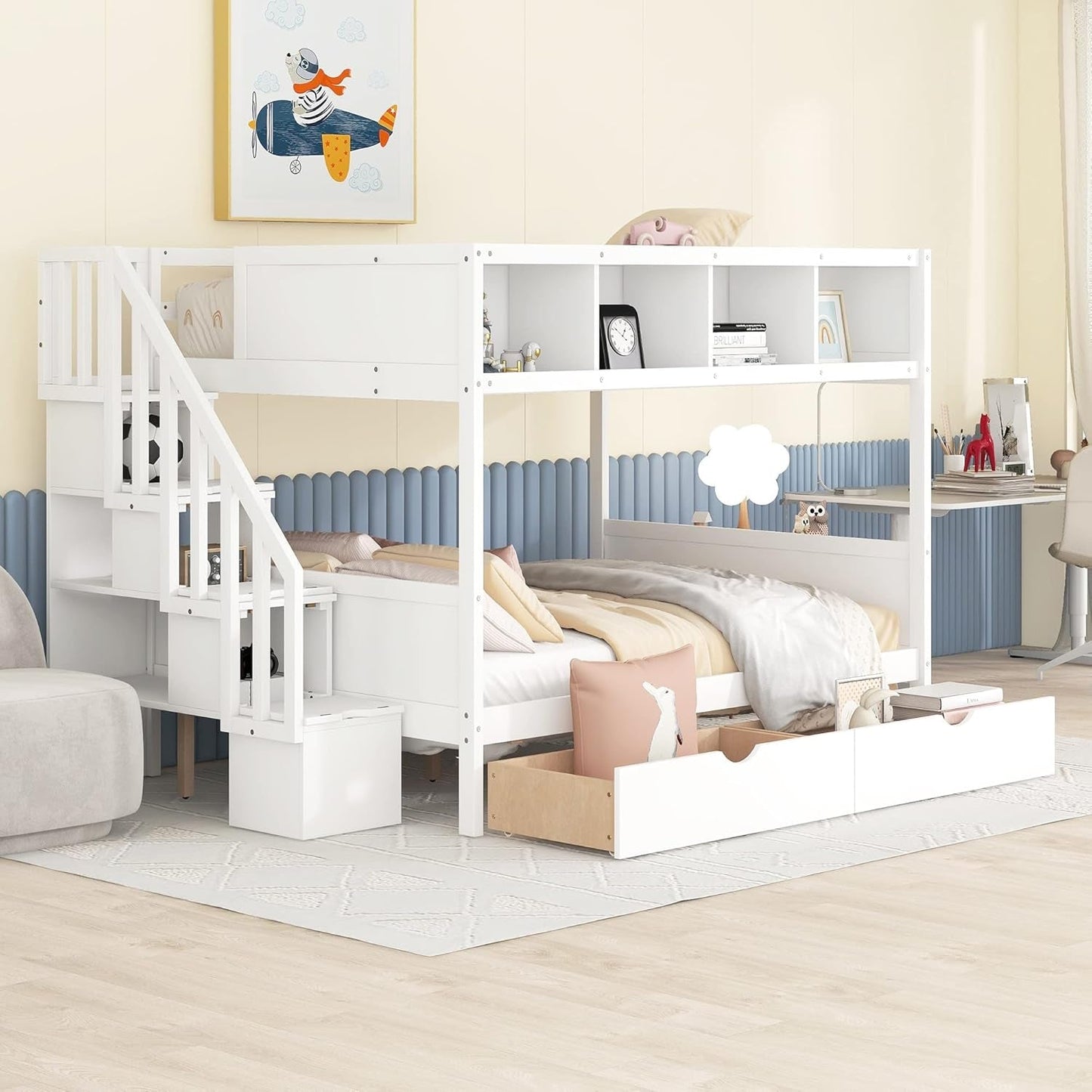 Twin over Full Bunk Bed with Storage Shelves, Stairs, Solid Wood Staiway Bunk Bed Frame with 2 Drawers, for Kids Teens Adults (White)-2