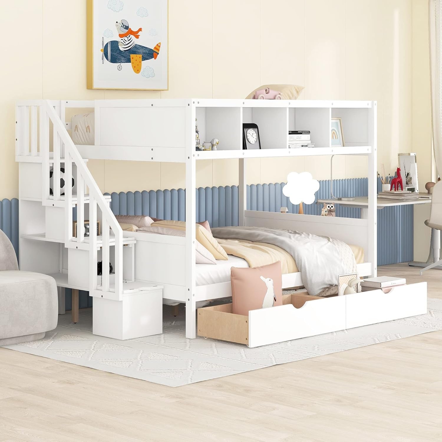 Twin over Full Bunk Bed with Storage Shelves, Stairs, Solid Wood Staiway Bunk Bed Frame with 2 Drawers, for Kids Teens Adults (White)-2