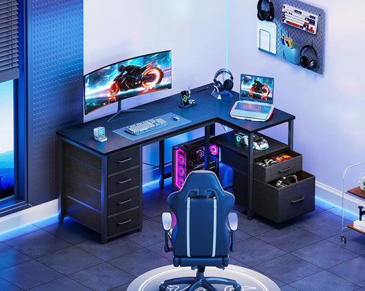 L Shaped Computer Desk with 6 Drawers & Power Outlet, 55 Inch Corner Desk with Reversible Storage Shelf & File Drawer, Home Office Desk, Black-1