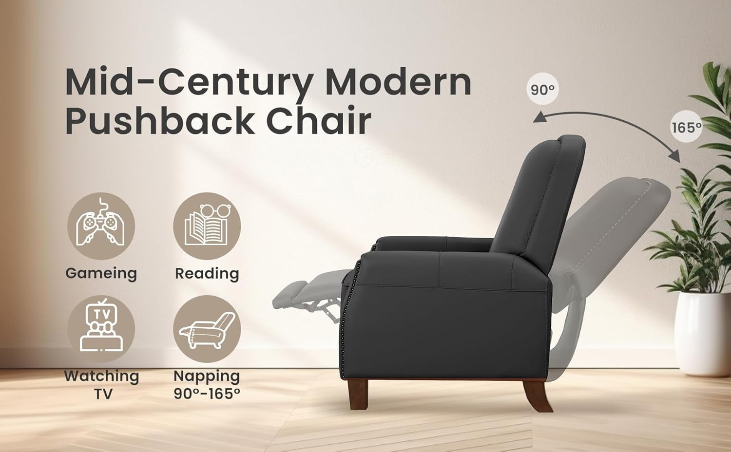 Mid-Century Faux Leather Pushback Recliner Brass Trim-4