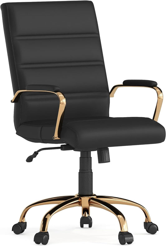 Whitney Mid-Back Swivel Leathersoft Desk Chair with Padded Seat and Armrests, Adjustable Height Padded Office Chair, Black/Gold-0