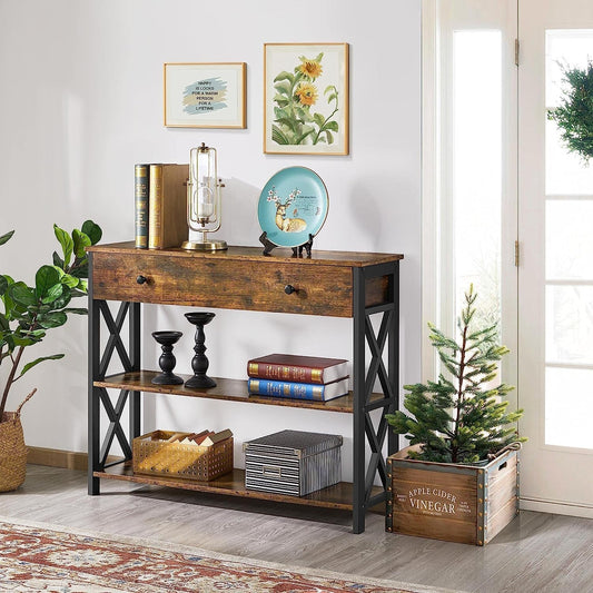 Rustic Brown Industrial Console Table with Drawer-0