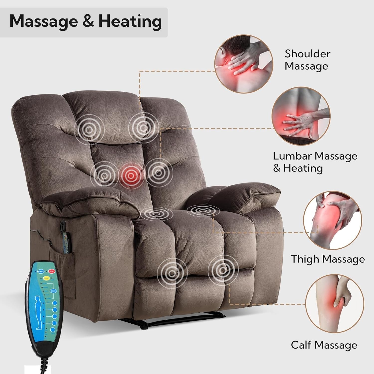 Oversized Power Recliner Chairs with Massage and Heat, 41" Wide Electric Reclining Chair with USB Port, Breathable Fabric Overstuffed Reclining Sofa for Living Room Bedroom (No Lift)-2