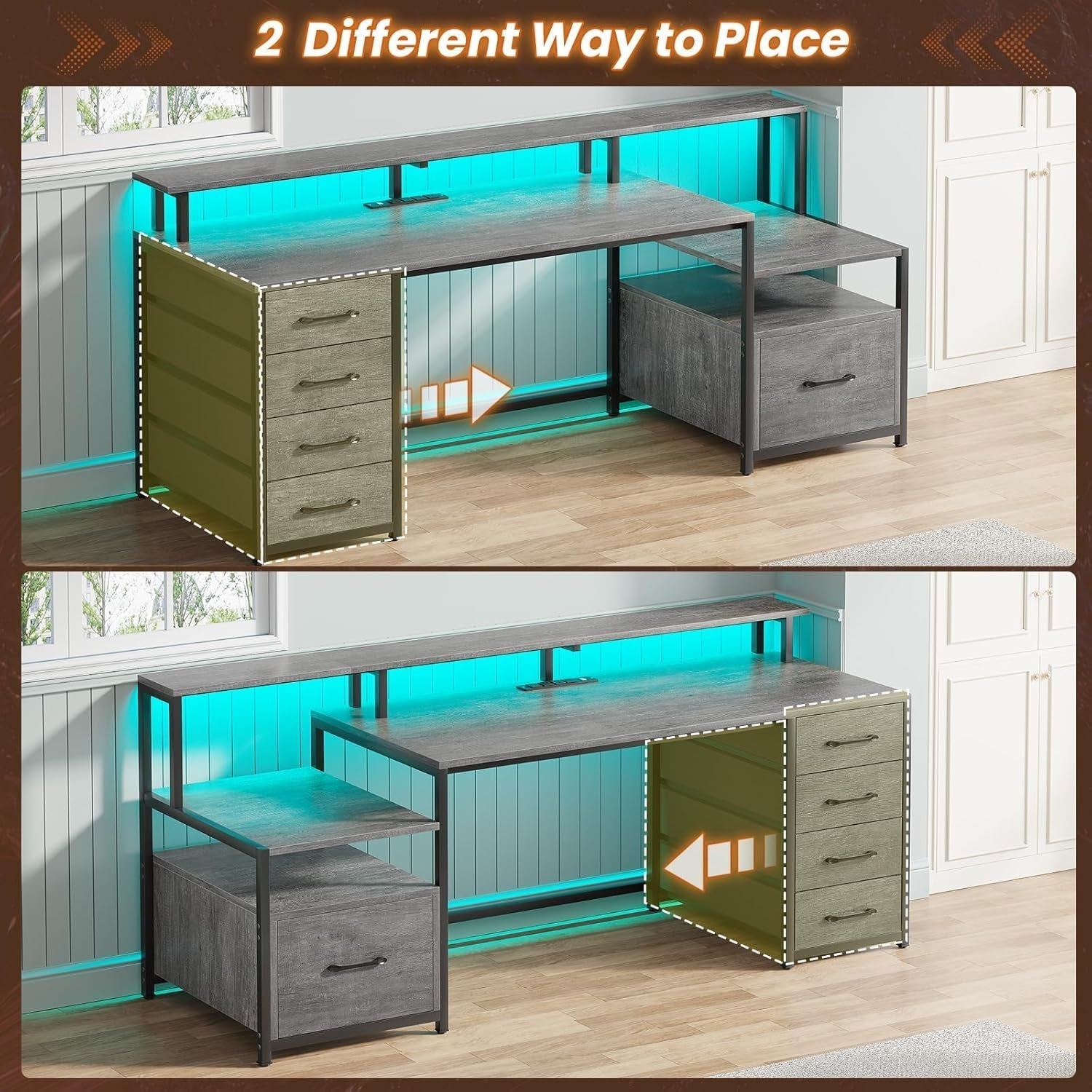 Home Office Desk with File Drawer & Power Outlet, 66'' Computer Desk with 5 Drawer, Storage Shelves, Printer Cabinet and Monitor Shelf, Gaming Desk with Led Lights, Grey-3