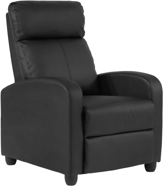 Recliner Chair Single Reclining Sofa Home Theater Seating with Lumbar Support and Padded Backrest for Living Room and Bedroom (Leather, Black)-0