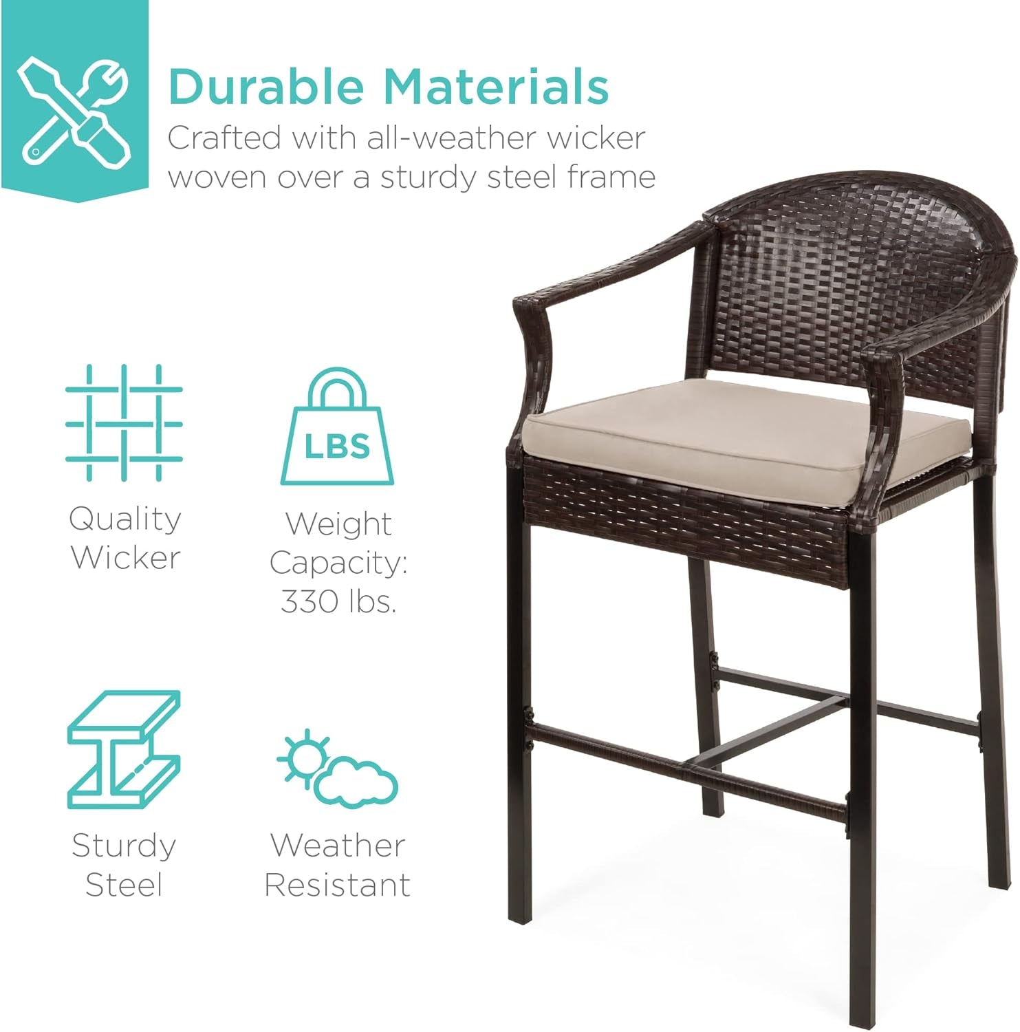 3-Piece Patio Bar Table Set, Outdoor Wicker Bar Height Bistro Furniture for Backyard, Poolside, Balcony W/Barstools, Cushions, Steel Frame – Brown/Beige-2