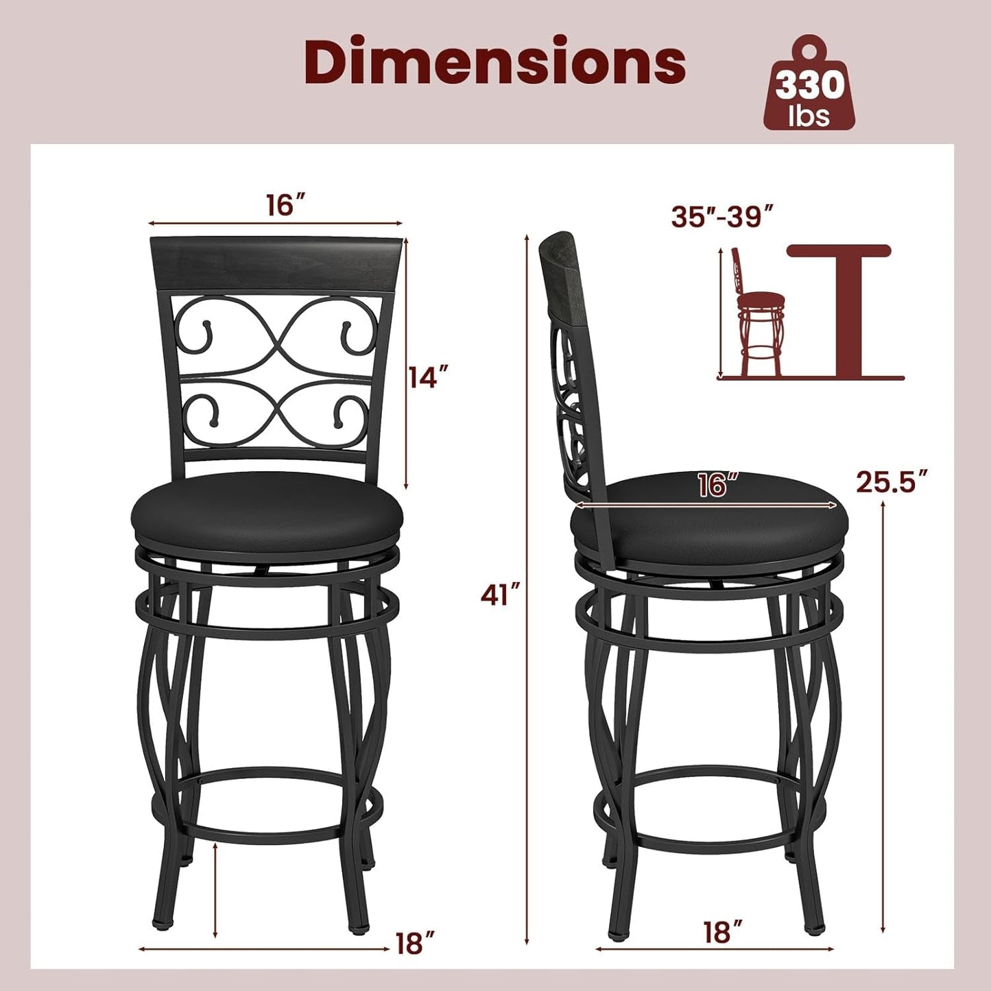 26" Swivel Bar Stools Set of 2, Counter Height Bar Stools with Back, Upholstered PU Leather Seat, Footrest, Max Load 330Lbs, Vintage Metal Barstools for Kitchen Island, Dining Room, Pub, Black-2
